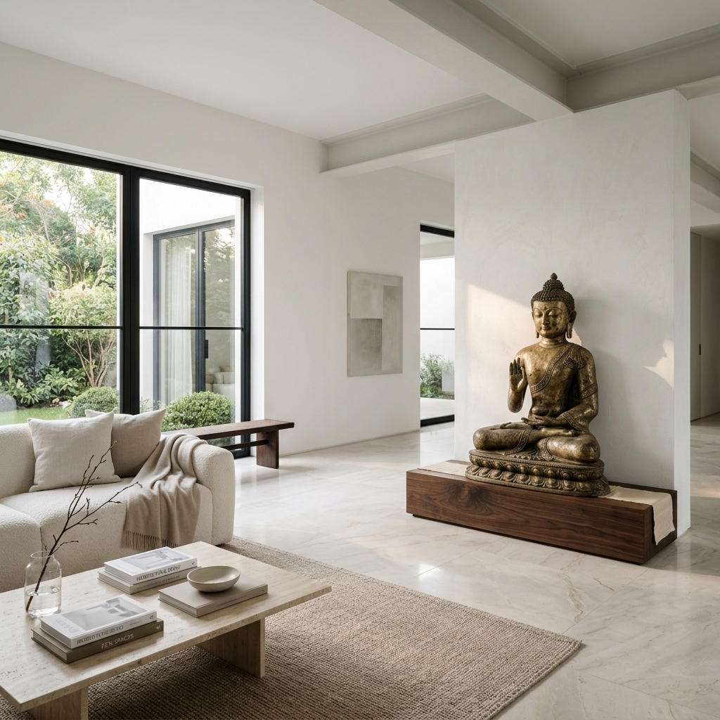 Minimalist luxury interior with handcrafted Indian brass Buddha sculpture